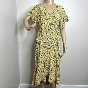 Max Studio Yellow Floral Midi Wrap Dress